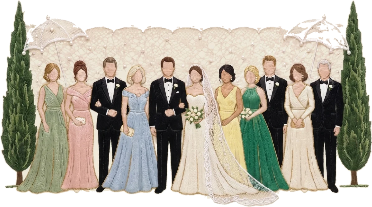 Dress code: guests in formal gowns and black tuxedos